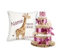 Coffret cadeau personnalisé pour bébé avec nom et dates de naissance animaux safari + gâteau de couches TOUT JUTE 3 étages | Cadeau de naissance fille et garçon (prune, girafe)