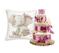 Coffret cadeau personnalisé pour bébé, avec nom et dates de naissance, animaux safari + gâteau de couches, en jute, 3 étages, cadeau de naissance pour fille et garçon (prune, éléphant)