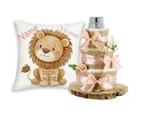 Coffret cadeau personnalisé pour bébé, avec nom et dates de naissance, animaux safari + gâteau de couches, en jute, 3 étages, cadeau de naissance pour fille et garçon (abricot, lion)
