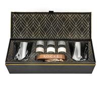 Coffret Cadeau Pierres à Whisky - 6 Pierres Artisanales Rondes en Granit - 2 Verres de Dégustation en Cristal - Support de Présentation et Rangement en Bois - Magnifique Coffret Or à Chaud