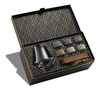 Coffret Cadeau Pierres à Whisky - 6 Pierres Artisanales Rondes en Granit - Verre à Whisky en Cristal pour Dégustation - Support Présentation et Rangement en Bois - Magnifique Coffret Whisky Or à Chaud