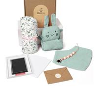 Coffret cadeau pour bébé fille 6 en 1, cadeau de naissance pour nouveau-né garçon, couverture en mousseline, doudou, bavoir, chaîne pour tétine avec empreinte de pied, carte cadeau (Vert)