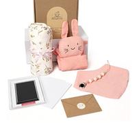 Coffret cadeau pour bébé fille 6 en 1, cadeau de naissance pour nouveau-né garçon, couverture en mousseline, doudou, bavoir, chaîne pour tétine avec empreinte de pied, carte cadeau (Rose)