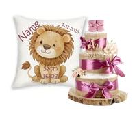 Coffret cadeau pour bébé, personnalisable, avec nom et dates de naissance, animaux safari + gâteau de couches, en jute, 3 étages, cadeau de naissance pour fille et garçon (prune, lion)