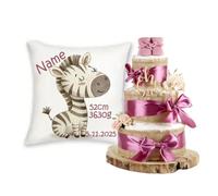 Coffret cadeau pour bébé, personnalisable, avec nom et dates de naissance, animaux safari + gâteau de couches, en jute, 3 étages, cadeau de naissance pour fille et garçon (prune, zèbre)