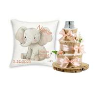 Coffret cadeau pour bébé, personnalisé, avec nom et dates de naissance, animaux safari + gâteau de couches, en jute, 3 étages, cadeau de naissance pour fille et garçon (abricot, éléphant)