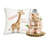 Coffret cadeau pour bébé, personnalisé, avec nom et dates de naissance, animaux safari + gâteau de couches, en jute, 3 étages, cadeau de naissance pour fille et garçon (abricot, girafe)