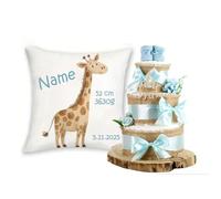 Coffret cadeau pour bébé, personnalisé, avec nom et dates de naissance, animaux safari + gâteau de couches, en jute, 3 étages, cadeau de naissance pour fille et garçon (bleu, girafe)