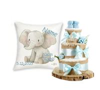 Coffret cadeau pour bébé, personnalisé, avec nom et dates de naissance, animaux safari + gâteau de couches, en jute, 3 étages, cadeau de naissance pour fille et garçon (bleu, éléphant)