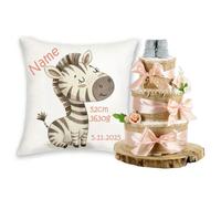 Coffret cadeau pour bébé, personnalisé, avec nom et dates de naissance, animaux safari + gâteau de couches, en jute, 3 étages, cadeau de naissance pour fille et garçon (abricot, zèbre)