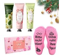 Coffret cadeau pour femme, cadeau de Noël, fête des mères, coffret cadeau avec 3 crèmes pour les mains et 1 paire de chaussettes, coffret cadeau de Noël, crème pour les mains, pour la fête des mères