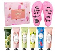 Coffret cadeau pour femme - Lot de 6 mini crèmes pour les mains - 1 paire de chaussettes avec inscription en allemand « Bitte nicht stören Mama ruht ihre Augen aus Kleine Weihnachtsgeschenke