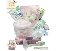 Coffret cadeau pour fête prénatale, naissance - Avec couverture personnalisée, brosse et peigne avec nom + peluche + autres extras - Cadeau de baptême et naissance (rose - Teddy avec bonnet de sommeil