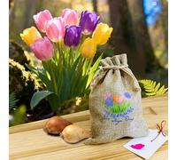 Coffret cadeau pour la fête des mères - 10 tulipes hybrides Darwin dans une pochette cadeau rustique en toile de jute avec étiquette personnalisée - Plante florale d'extérieur - Cadeau floral pour