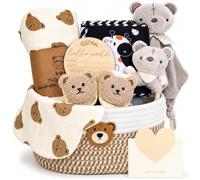 Coffret cadeau pour nouveau-né - Panier cadeau pour bébé garçon et fille | Comprend une couverture pour bébé, un livre sensoriel, des chaussettes à langer, un hochet, un bavoir et des cartes jalons
