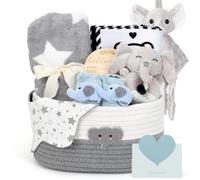 Coffret cadeau pour nouveau-né - Panier cadeau pour bébé garçon et fille | Comprend une couverture pour bébé, un livre sensoriel, des chaussettes à langer, un hochet, un bavoir et des cartes jalons