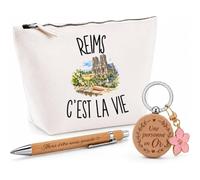 Coffret Cadeau Reims c’est la Vie | Trousse Coton, Stylo Bambou Gravé et Porte-Clés Bois | 3 Pièces Prêtes à Offrir | Remerciement Rémois Rémoise Anniversaire Noël
