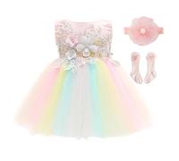 Coffret Cadeau Robe Bébé Fille Arc-en-Ciel 5 Pièces avec Accessoires - Tenue Princesse Robe Tutu Tulle pour Anniversaire 1 an, Baptême, Mariage, Fête, Vêtements Enfant en Bas âge 12 Mois
