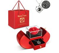 Coffret cadeau rose éternelle en forme de pomme avec chaîne en forme de cœur « Je t'aime » en 100 langues - Boîte à bijoux & cadeau romantique pour femme, petite amie, maman, grand-mère pour la