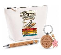Coffret Cadeau Saut à Ski Pourquoi Je perds | Trousse Coton, Stylo Bambou Gravé et Porte-Clés Bois | 3 Pièces Prêtes à Offrir | Remerciement Anniversaire Noël