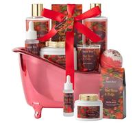 Coffret cadeau spa pour la fête des mères avec roses rouges et tulipes pour homme et femme contenant des huiles essentielles, un bain moussant, une lotion pour le corps, des sels de bain, une bougie