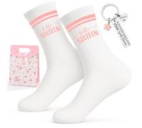 Coffret cadeau Sweet 16 ans pour fille - Chaussettes en coton EU 36-44 avec design tricoté Hello Sixteen, porte-clés en acier inoxydable et sac cadeau - Cadeaux pour filles de 16 ans