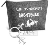 Coffret Cadeau Voyage 4 Pièces : Trousse Maquillage en Feutre Gris 23 x 16 cm Porte-clés Avion Bracelet Boussole Carte de V UX, Trousse de Toilette Compacte pour Déplacements, Départ et NOU