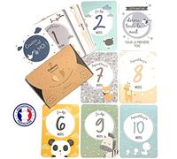 Coffret Carte Etape pour Bebe en Francais Dolbomy - Lot de 25 Cartes Etapes de la Naissance à 1 an - Cadeau Personnalisable pour Fille ou Garcon - Photo Souvenir pour Future Bébé et Maman