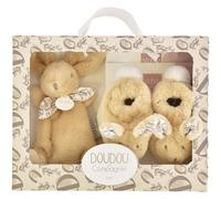 DOUDOU ET COMPAGNIE - Coffret Naissance Lapin Doudou Beige avec Chaussons Bébé Coordonnés - Peluche Doudou Douce dès la Naissance - Boîte Cadeau pour Offrir - Idée Cadeau Mixte - DC4258