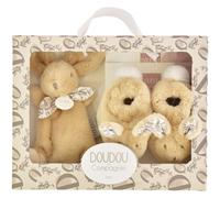 Doudou et Compagnie - Coffret naissance Lapin doudou beige - Chaussons coordonnés, boîte cadeau