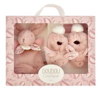 DOUDOU ET COMPAGNIE - Coffret Naissance Lapin Doudou rose avec Chaussons Bébé Coordonnés - Peluche Doudou Douce dès la Naissance - Boîte Cadeau pour Offrir - Idée Cadeau Mixte - DC4259