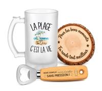Coffret Chope de Bière La Plage c'est la Vie | Verre Givré 470 ml, Décapsuleur Gravé, Sous-Verre Bois | 3 Pièces | Cadeau Homme Passionné Humour Original Anniversaire