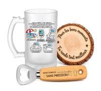 Coffret Chope de Bière Plage Temps Libre | Verre Givré 470 ml, Décapsuleur Gravé, Sous-Verre Bois | 3 Pièces | Cadeau Homme Passionné Humour Original Anniversaire