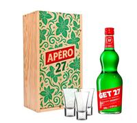 Coffret cocktail complet GET 27 - Kit apero a offrir avec boite en bois, Bouteille personnalisée & 3 verres shooters [ Coffret verre Personnalisé ]