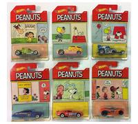 Coffret complet de 6 figurines Hot Wheels PEANUTS 2017 : CHARLIE BROWN (Bone Shaker), SNOOPY (Altred Ego), LUCY (Purple Passion), FRANKLIN (Chica