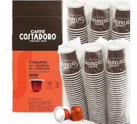 Coffret Costadoro Cinquanta, 100 capsules compatibles avec Machines à Café Espresso de Type Nespresso®*, 50 % Arabica et 50 % Robusta Supérieure, 10 Boîtes de 10 + 100 Gobelets Compostables