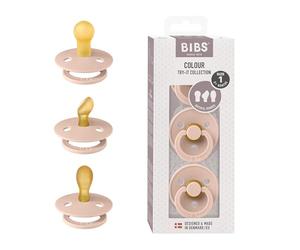 Coffret d’essai Colour de BIBS: 3 sucettes répondant aux besoins uniques de votre bébé, Tétine à embout rond, symétrique et ergonomique. Latex de caoutchouc naturel, 0+ mois (lot de 3), Blush