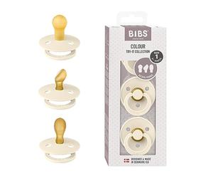 Coffret d’essai Colour de BIBS: 3 sucettes répondant aux besoins uniques de votre bébé, Tétine à embout rond, symétrique et ergonomique. Latex de caoutchouc naturel, 0+ mois (lot de 3), Ivory