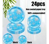Coffret de 24 pièces, comprenant des assiettes en papier jetables, des assiettes en papier bleues à thème flocon de neige de Noël, des assiettes en papier de 7 pouces, des assiettes en carton de 9 pou