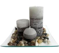 Coffret de 3 bougies parfumées au jasmin sur un plateau en verre avec des pierres