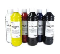 Coffret de 6 flacons de 500ml de peinture déco vitre, Blanc, Jaune, Rouge, Violet, Bleu, Vert