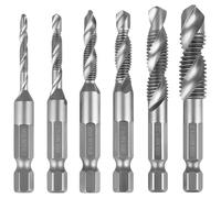 Coffret de 6 Forets et Tarauds Combinés, M3, M4, M5, M6, M8, M10, Avec Queue Hexagonale de 6 mm,Capable de Percer et de Tarauder, Outil Polyvalent, Avec Revêtement Argenté Antirouille