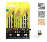 Coffret de 9 Forets assortis. 3 Forets HSS pour Métal + 3 Forets à Bois avec Pointe de Centrage + 3 Forets Pierre, Béton. Boîte de rangement. Lot de Mèches multi matériaux. Accessoires pour Perceuse.