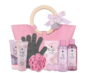 Coffret de bain Accentra PINK ROSE dans un sac à main : gel douche, lait corporel, bain moussant, gommage corporel, savon, boule de bain, éponge et gant exfoliant. Coffret bien-être pour femme