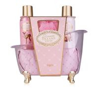 Coffret de bain Accentra Rêves Romantiques dans une baignoire décorative, comprenant un gel douche 100 ml, un lait corporel 100 ml et une éponge en filet, cadeau bien-être pour femme