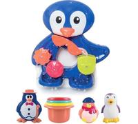 LUDI - Un grand pingouin pour jouer à l'heure du bain. Dès 12 mois. Fixations ventouses. Coffret de jeux d'eau : moulins, verres gigognes percés, coupelle et 3 petits pingouins - réf. 2240