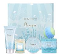 Coffret de Bain pour Femme, Body&Earth 6 PCS Coffret Cadeau au Parfum d'Océan, avec Beurre Corporel, Crème pour les Mains, Bougie Parfumée, Boules de Bain, Idée Cadeau pour la Fête des Mères