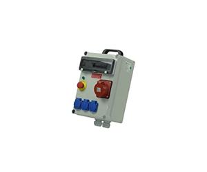 Coffret de chantier triphasé 400 Volts 40A, équipé de 3 prises 10/16A 2 pôles + Terre 230 Volts et 1 prise 32A 3 pôles + Terre 400V. Alimentation électrique provisoire de chantiers, évènements festifs