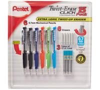 Coffret de crayons m caniques Pentel Twist-Erase Click : 6 crayons m caniques, 6 gommes suppl mentaires et 3 tubes de recharges