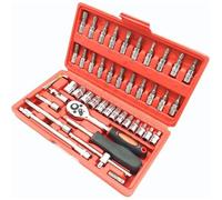 Coffret de Douilles 46 Pièces Jeu de Douille 1-4"" Chrome Vanadium avec Cliquet et Adaptateur Outillage Mecanique Auto Rouge 121